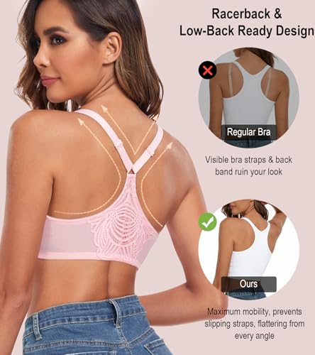 Image of HACI Women's Front Closure Bra Underwire Unpadded T-Back Plus Size Lacy Full Coverage Racerback T-Shirt Unlined