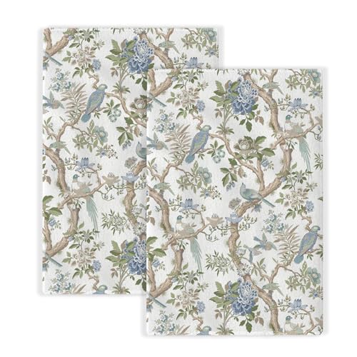 Image of Chinoiserie Floral Kitchen Towels Blue Green White Flowers Bird Spring Dish Towels, 16x24 Inch Farmhouse Summer Holiday Decoration Absorbent Hand Towels for Kitchen Drying Decor Set of 2
