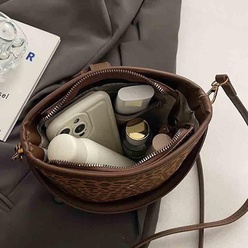 Women's retro niche leopard print crossbody bag suede bag versatile casual hand-held bucket bag 5