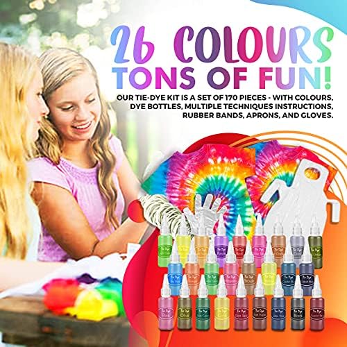 CraftLab Tie Dye Kit, 170 Pcs 26 Colours Fabric Dye Set for Children and Adults. DIY Tye Dye Kits for Kids, Fun Non-Toxic Clothing Dye with Multiple Tie Dye Techniques Leaflet | 26 Colours Kit