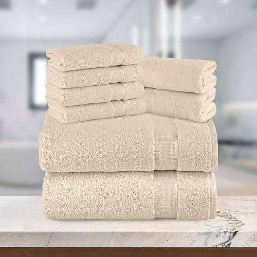 Image of Elegant Comfort Premium Cotton 8-Piece Towel Set, Includes 4 Washcloths, 2 Hand Towels and 2 Bath Towels, 100% Turkish Cotton - Highly Absorbent and Super Soft Towels for Bathroom, Ivory