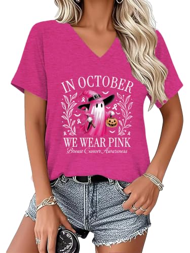 Image of LAWOZZOS Breast Cancer T Shirts Women V Neck Pink Ribbon Shirt Tee Tops