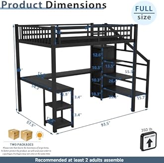 Full Size Loft Bed with Desk and Stairs, Gaming Loft Beds with RGB LED Light and Storage, Heavy-duty Metal Loft Bed Frame with Wardrobe, Shelves and Charging Station for Adults Kids Teens, Black