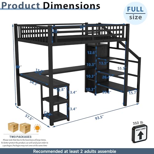 Full Size Loft Bed with Desk and Stairs, Gaming Loft Beds with RGB LED Light and Storage, Heavy-duty Metal Loft Bed Frame with Wardrobe, Shelves and Charging Station for Adults Kids Teens, Black