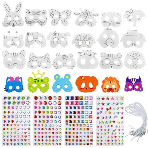 ASOUUNLD 24 peças máscaras de animais para crianças, máscaras de animais brancas sem colorir máscaras de festa de aniversário com 18 lápis, 24 borrachas elásticas e 4 folhas de autocolantes