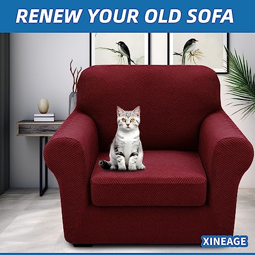 XINEAGE 2025 New 2 Pieces Chair Covers with Arms Super Stretch Chair Slipcover for Living Room Pet Dog Universal Slip Cover Anti Slip Armchair Furniture Protector (Wine Red), 31"-46"(1 Cushion)