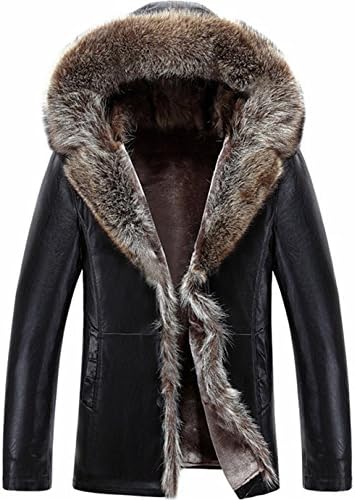 K3K Men's Winter Warm Shearling Sheepskin Leather Jacket Parka Luxury Raccoon Fur Collar Hooded Thicken Short Coat