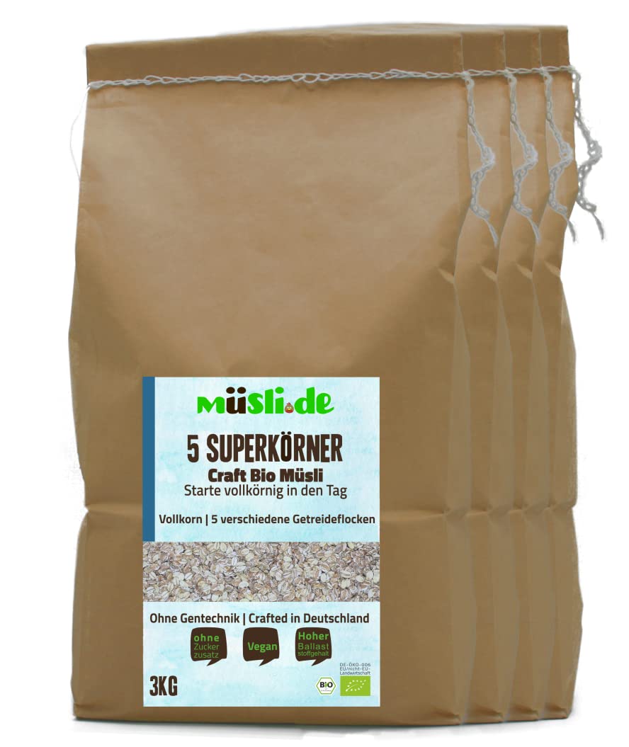müsli.de BIO Flockenmischung aus 5 SUPERKÖRNERN | 3kg, für eine vegane Ernährung geeignet. Knackiger Geschmack dank Vollkornflocken. Starte vollkörnig in den Tag! (3kg Beutel (4 Stück))