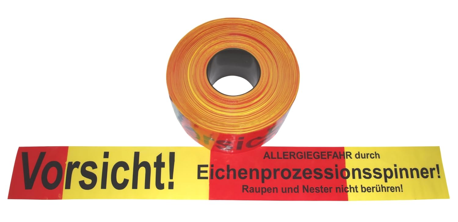 FLUID 10084 Absperrband Warnband Rot/Gelb mit Aufdruck VORSICHT! ALLERGIEGEFAHR durch Eichenprozessionsspinner! Raupen und Nester nicht berühren! - Länge 500m