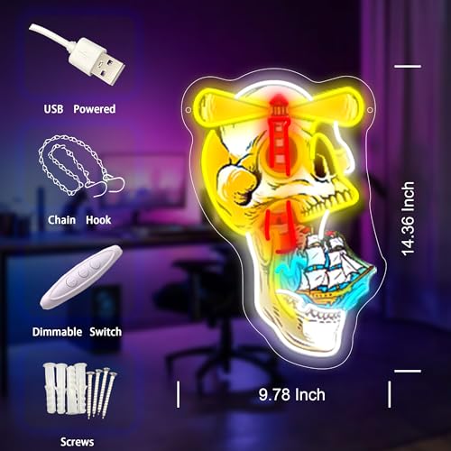 Image of Ghost Ship's Beacon Skull LED Neon Sign USB Powered for Wall Decor, Lighthouse Bones Neon Night Light Sign Dimmable for Room Party Decor Halloween Birthday Gifts