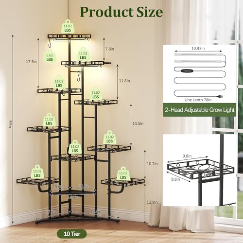 Image of Quikraen Plant Stand Indoor with Grow Lights, 58 inch Tall Lighted Corner Plant Shelf for Indoor Growing, 10-Tier Multiple Metal Large Flower Holder, Plant Rack for Home Decor, Patio (Black)