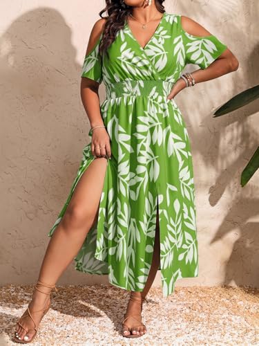 Image of Floerns Women's Plus Size Cold Shoulder Tropical Print V Neck Flared A Line Long Dress