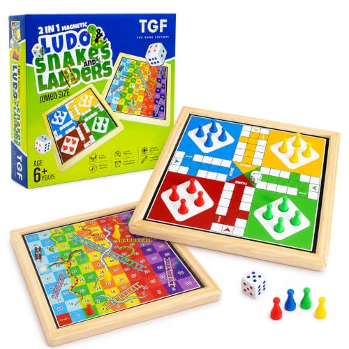 Image of THE GAME FACTORY Magnetic 2-in-1 Wooden Ludo and Snake & Ladder Board Game - Premium Travel-Friendly Game Set for Kids & Family - Durable Wooden Board with Bright Colors