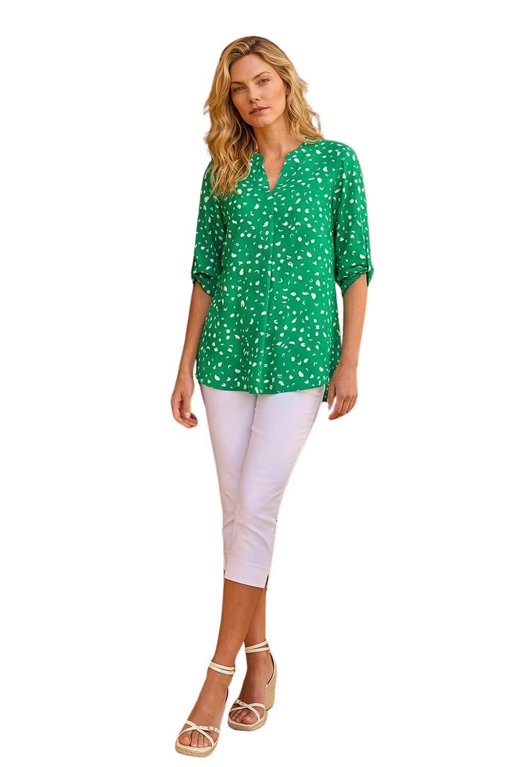 Roman Originals Women's Abstract Green Roman Pleat Front Top For Uk Pleated Shirt Notch V Neck Blouse Summer Tunic Spring Pull-On Comfy Soft Evening Holiday Vacation Work Party Everyday - Size 18