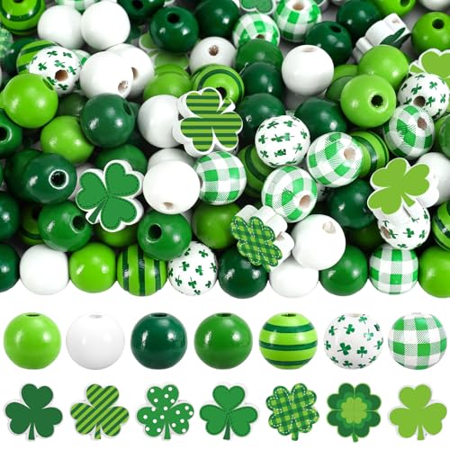 Whaline 207 Pcs St. Patrick s Day Wooden Beads Green Stripe Plaid Polka Dot Shamrock Shape Craft Round Loose Bead for DIY Making Bracelet Necklace Irish Holiday Home Decor