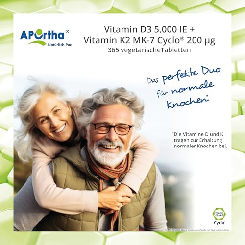 APOrtha Vitamin D3 5.000 I.E + 200 µg K2 99+% ALL-Trans, 365 vegetarische Tabletten hochdosiert u. teilbar, Premium Vitamin D und K Tablette leicht zu schlucken - Alternative zu Tropfen und Kapseln