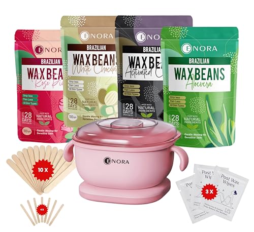 Image of ENORA Premium Waxing Kit for Women - Silicone Wax Warmer for Hair Removal, Eyebrow, Bikini, Legs, Face, Brazilian Wax & More - Machine + 4-Pack Hard Wax Beads (100 g)+ Accessories, Pink (100 Gram, SILICONE-COMBO(100GRAM))