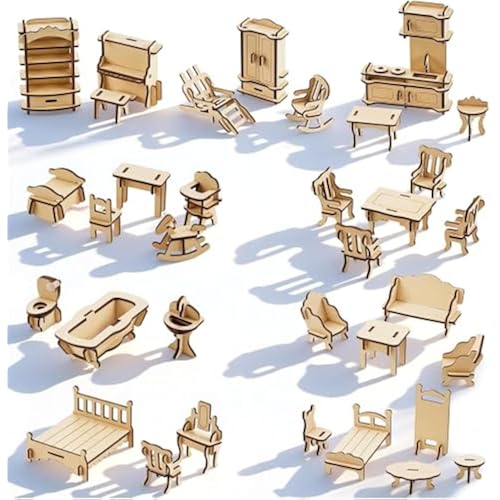 LOVEINUSA 34PCS Wooden Dollhouse Furniture Set, 1:20 Scale
