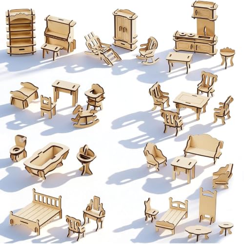 LOVEINUSA 34 PCS DIY Wooden Dollhouse Furniture Set 1:20 Scale Miniature Room Accessories for Kitchen Living Room Bathroom for DIY Crafts Project