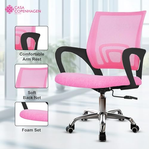 Image of Casa Copenhagen Mesh Mid Back Office /Study /Computer /Revolving /Desk Chair for Work from Home -Metal Base, Height Adjustable Seat- Pink & Black Handle