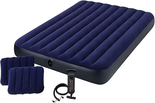 Juego de colchón inflable mullido clásico Intex con 2 almohadas y bomba manual doble rápida 2 plazas