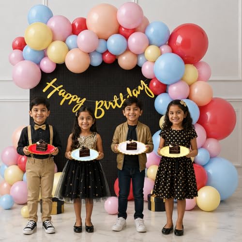 Image of Party Propz Happy Birthday Decoration Kit - 63 Pcs, Multicolor Balloons for Birthday, Birthday Decor Items with Colorful Plates, Golden Happy Birthday Banner Decoration for Boys & Girls (Cardstock)