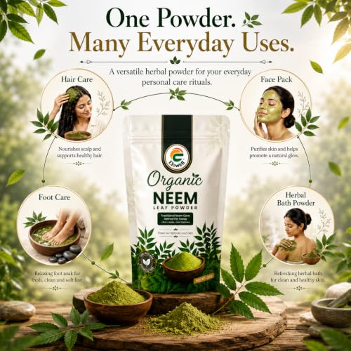Image of Neem Powder Pack of 2 (200g Each), 100% Pure Neem Leaf, Azadirachta Indica for Face Pack, Skin Care, Hair Growth, Dandruff & Internal Consumption, Traditional Household Uses, Ayurvedic Vembu (Pack of 2)
