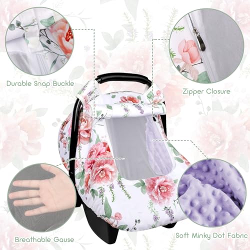 Image of Baby Carseat Cover Girls, Pea Pod Floral Infant Car Seat Covers Canopy for Newborn with 2 Layers Windows of Breathable Mesh /Fabric, Lightweight Polyester /Minky Dot Backing, Snug Fit Most Baby Car Seat