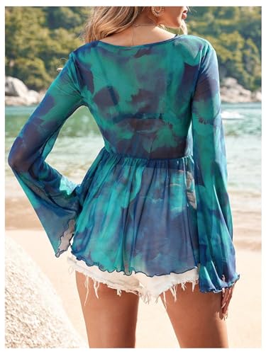 GORGLITTER Women's Bell Sleeve Tops Tie Front Sheer Mesh V Neck Ruffle Peplum Blouse Top2
