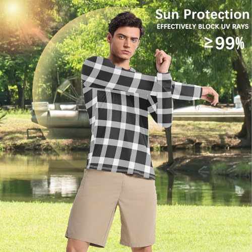 Black White Buffalo Plaid Long Sleeves UPF 50+ Comfortable Elasticity Mens Sun Shirts Protection Long Sleeve Water Fishing4