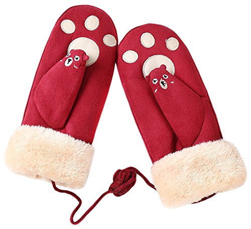 X&F Women's Cute Fleece Lined Gloves Windproof Suede Mittens with String #2-Wine Red