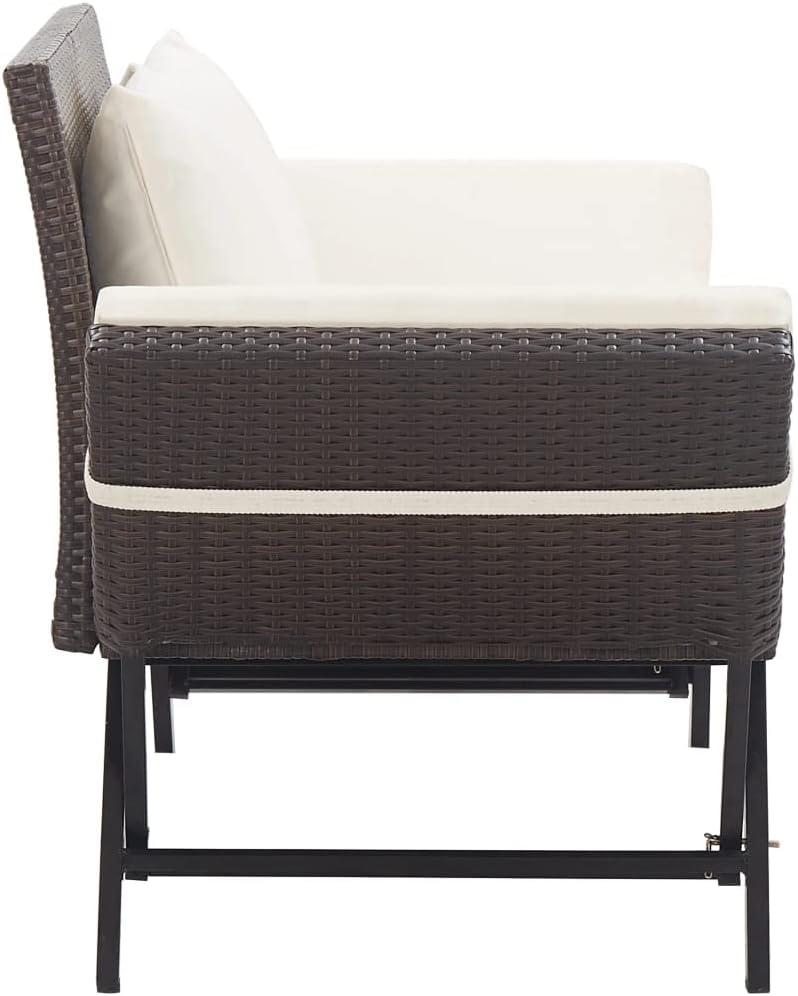 Outdoor Sun Bed Brown Rattan, Creamy White Cushions,Cozy Outdoor Garden Bench with Convertible Functionality for Comfort and Style Patio Furniture