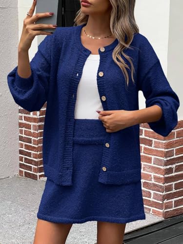 Image of Tankaneo 2 Piece Sweater Sets for Women Long Sleeve Cardigan Outfits Mini Skirts Knit Matching Lounge Set