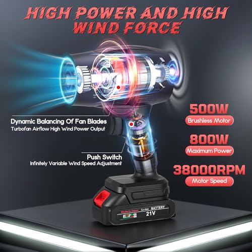 Leaf Blower Cordless with Battery, 21V Portable Electric Dust Cleaner, Small Handheld Turbo Jet Dry Blowers Fan 38000RPM with Adjustable Speed for Cleaning Lawn, Patio, Blowing Leaves 3 Leaf Blower Cordless with Battery, 21V Portable Electric Dust Cleaner, Small Handheld Turbo Jet Dry Blowers Fan 38000RPM with Adjustable Speed for Cleaning Lawn, Patio, Blowing Leaves - Image 3