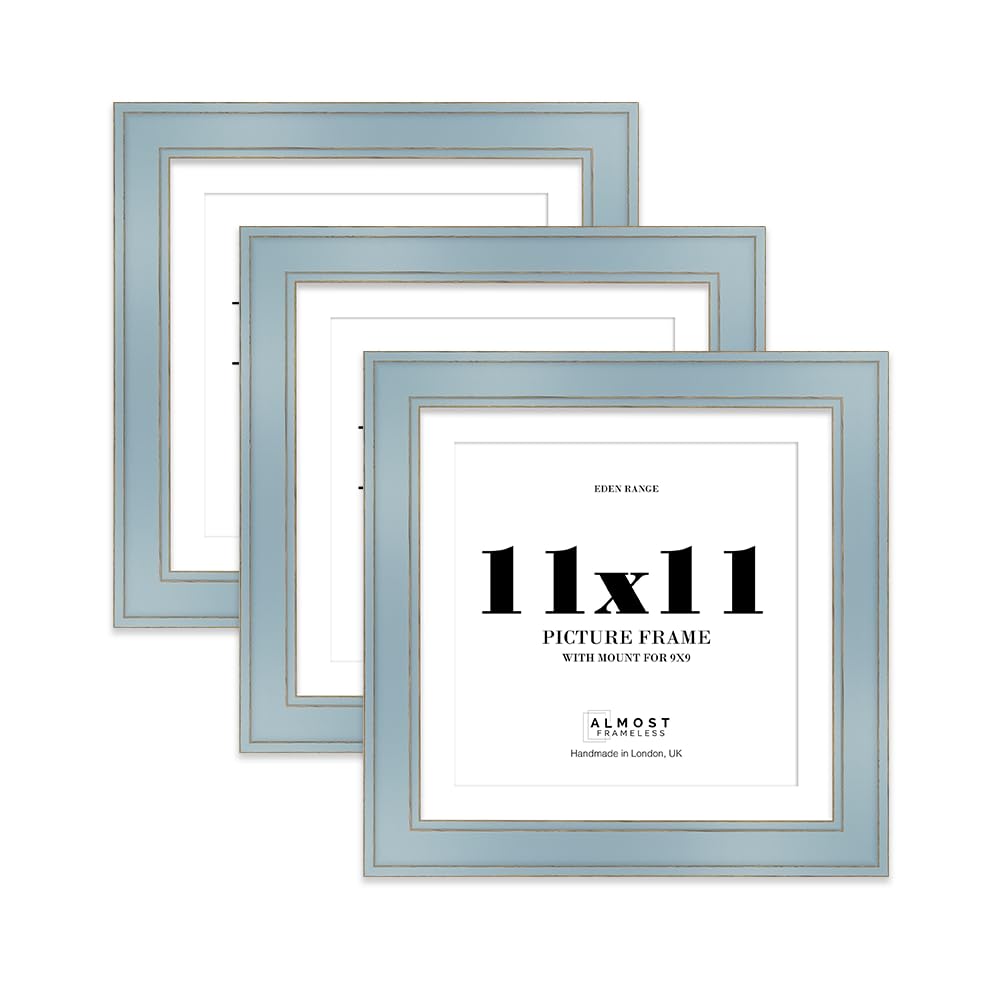 11x11" Cornflower Blue Square Picture Frame with 9x9" Mount - Shabby Chic Photo Frame with Distressed Finish, Gold Trim, Wall Hooks and Kickstand, 37mm Edge - 3 Pack