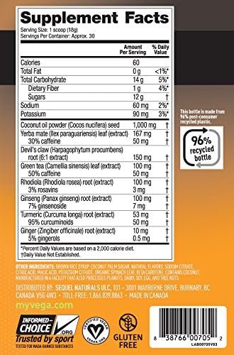 Vega Sport Pre-Workout Energizer Lemon Lime (19oz, 30 Servings) - Vegan, Gluten Free, All Natural, Pre Workout Powder, Non GMO