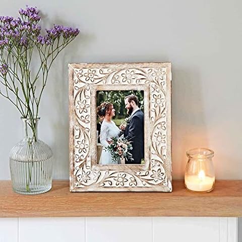 Paper High Antique White Flower Mango Wood Photo Frame fits 4" x 6" Photo Cover
