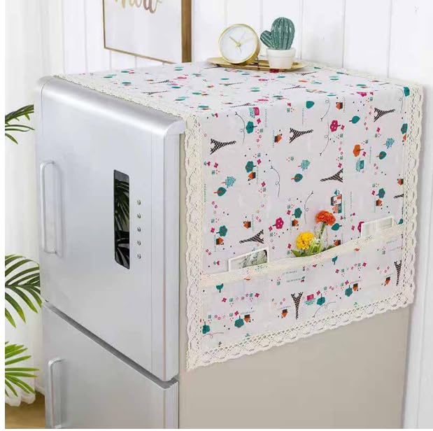 Image of Multi Floral Print Fridge Cover with Side Pockets|Fridge Top Cover|Refrigerator Cover|Single Door|Washable Material|4 Utility Pockets. (Iron Tower, 55 * 120CM)