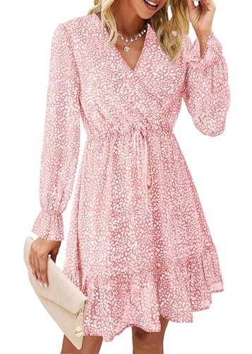 KIRUNDO Women Casual Summer Fall Dresses Long Sleeve Floral Wrap V Neck High Waist Ruffle Tiered A Line Flowy Mini Dress