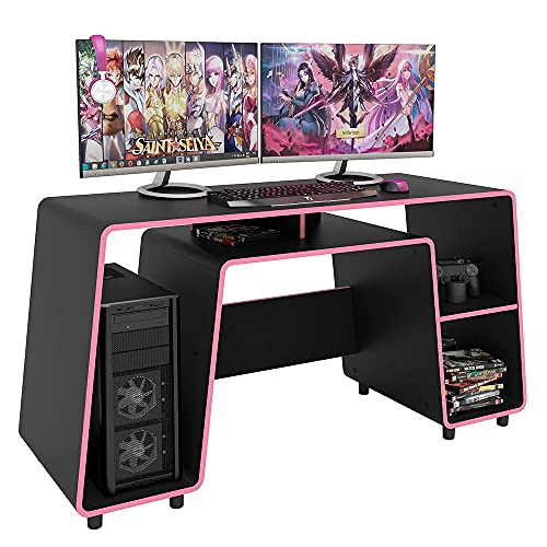 Mesa Gamer London 1 Prateleira 1 Nicho Preto e Rosa Pink Politorno
