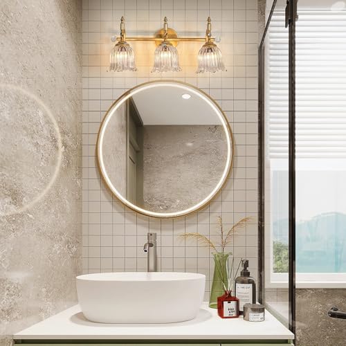Image of CVKASH 3-Light Bathroom Vanity Light Fixtures Over Mirror,Brushed Gold Modern Vanity Lights with Glass Shade Vintage Wall Sconce for Bedroom Dressing Room Living Room Hallway Cabinet