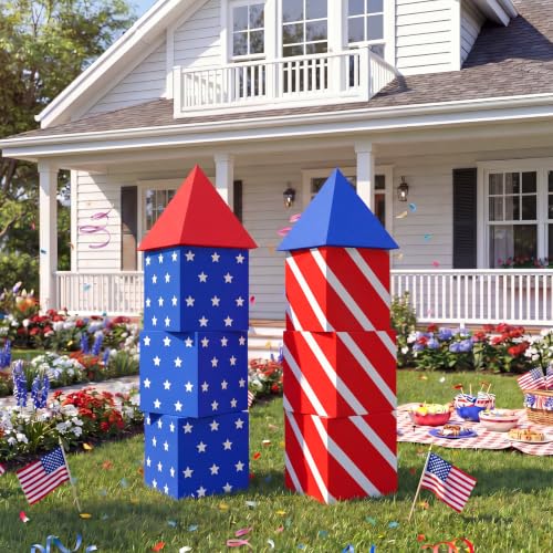 Pasimy 8 Pcs 4th of July Party Decorations Patriotic Firework Cardboard Boxes Decor Red White and Blue Firework Photo Prop Boxes for 4th of July 250th Anniversary Indoor Outdoor Party Supplies