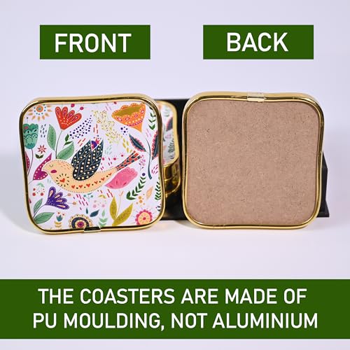 Image of Rousrie Stylist Modern Wooden Coasters with Golden Border | Set of 6 | Stand Included Premium Handmade Coaster for Tea Cups, Coffee Mugs, Beer Mugs, 10 by 10 cm (Pichwai Pattern)