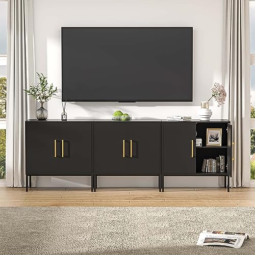 LYNSOM Storage Cabinet with Doors, Set of 3, Modern Buffet Cabinet with Storage, Kitchen Sideboard Buffet, Black Wood Accent Cabinet for Living Room, Bedroom, Hallway, Entryway, Office, Black