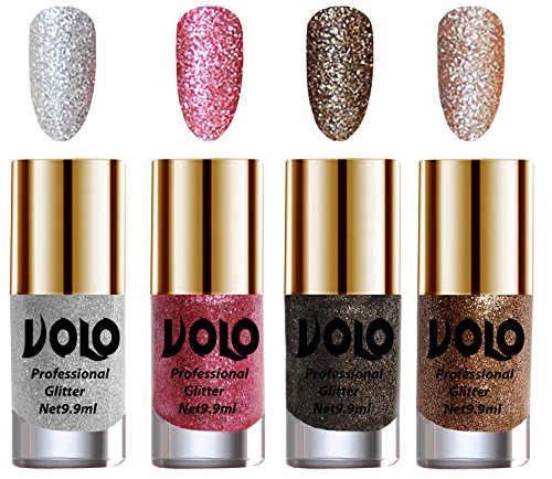 Volo Professionally Used Glitter Shine Nail Polish Combo Pack of 4(Silver Glitter, Pink Glitter, Dark Grey Glitter, Light Golden Glitter)
