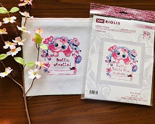 Image of RIOLIS - Hello, Little One! (for a girl) 1934, Cross Stitch Kits 6 inchx6 inch, Cross Stitch Kits for Beginners & Advanced, Crossstitching Kit, Embroidery Counted Stitching Kit, Girl Birth Record Announcement