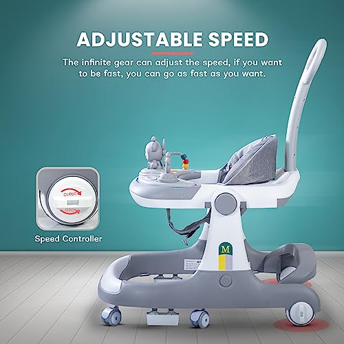 Image of Baybee Magnum 2 in 1 Baby Walker for Kids, Round Kids Push Walker with Parental Handle & Height Adjustable, Foldable Activity Walker for Baby with Musical Toy Bar for 6-18 Months Boys Girls (Grey)