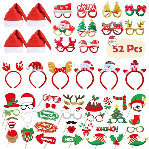 52 Pcs Christmas Photo Booth Props Kit, 20Pcs Glitter Eyeglasses
