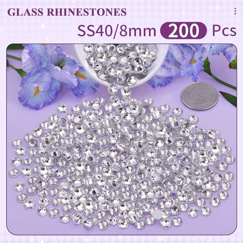 Image of 200PCS SS40 /8mm Crystal Glass Rhinestones for Bedazzling (Clear) | Flatback Rhinestones for Crafting DIY Crafts Nail Art Makeup Decoration, Gems Diamond Charms for Tumbler Shoes Clothing Mug