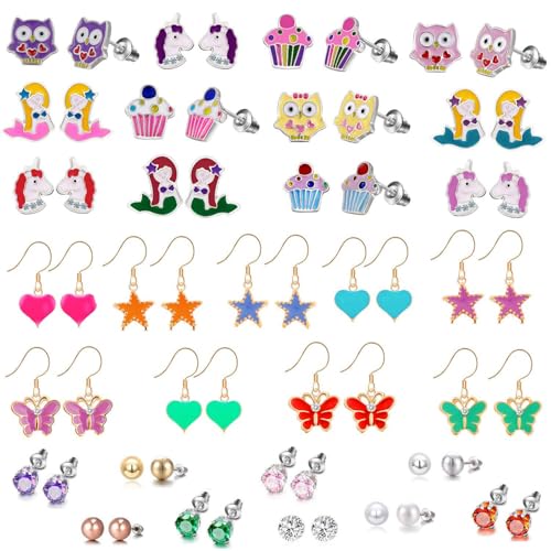 Image of 33 Pairs Stainless Steel Cartoon Earrings for Girls - Hypoallergenic Colorful Stud Earing Set, Mix & Match Cute Earring for Teens, Kids, Doll Dressup Accessories